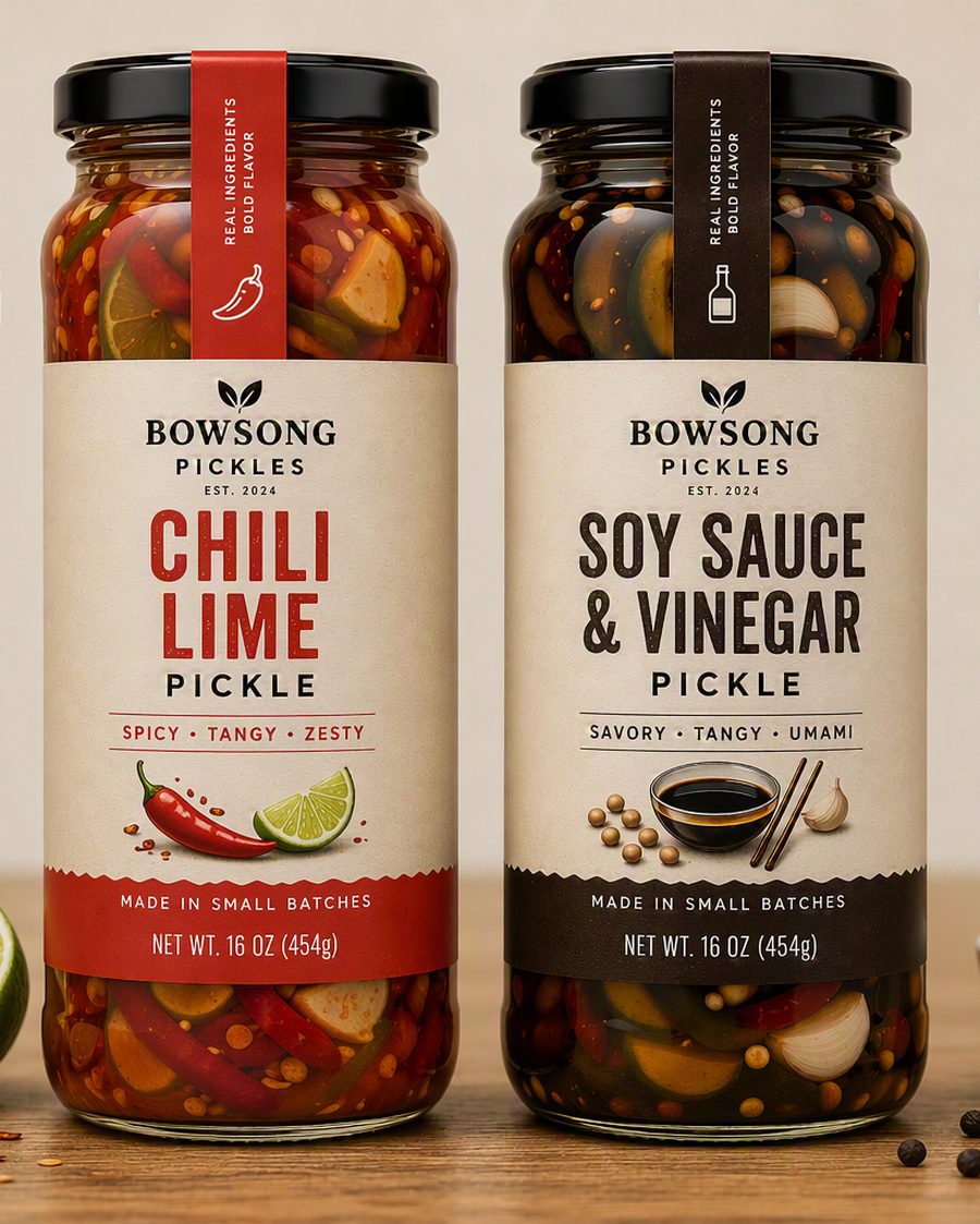 Chili Lime and Soy Sauce & Vinegar pickle jars on a wood counter