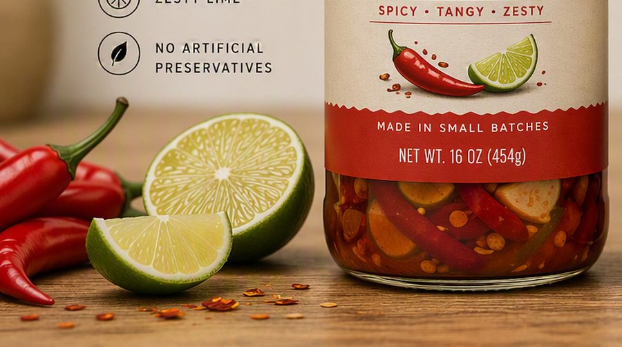 Red chilies and fresh limes on a wood counter