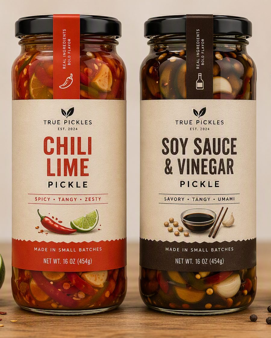 Chili Lime and Soy Sauce & Vinegar pickle jars on a wood counter