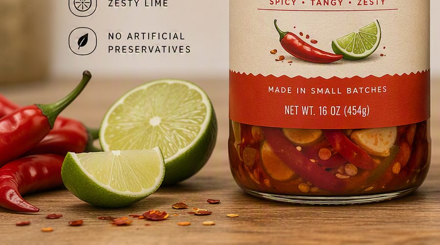 Red chilies and fresh limes on a wood counter